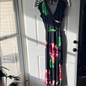 Olivia Matthews Black Maxi Dress with Pink Floral and Green Leaves
